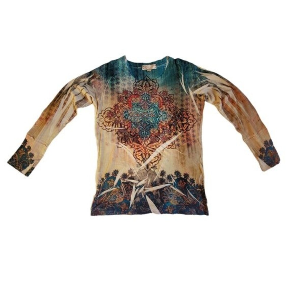 Decree multi colored floral jewel accent long sleeve t shirt sz L